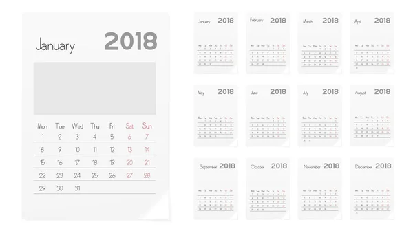 2018 वर्ष योजनाकार डिजाइन टेम्पलेट का कैलेंडर — स्टॉक वेक्टर