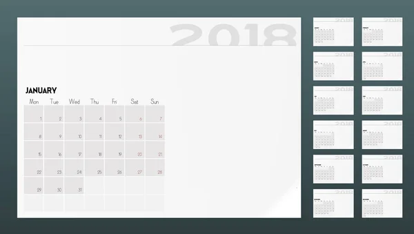 Takvim 2018 yıl planlayıcısı tasarım şablonu — Stok Vektör