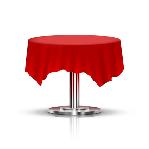Realistic Black One Leg Round Table With Red Tablecloth — Stock Vector