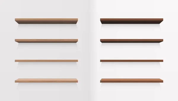 Conjunto de estantes de madera clara y oscura — Vector de stock