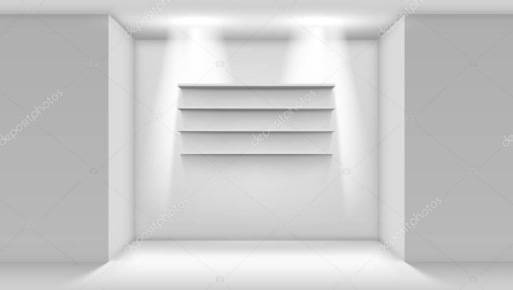 3D Empty White Shop Shelf On Wall