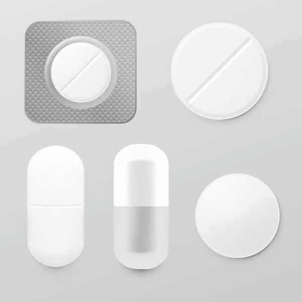 Realistisches Set verschiedener Pillen und Packungen — Stockvektor
