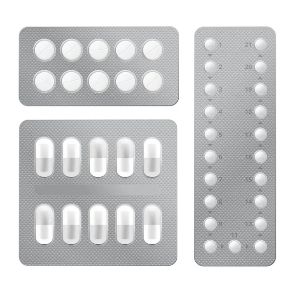 Realistische Drogenpackung. Set von Tabletten Blasen — Stockvektor