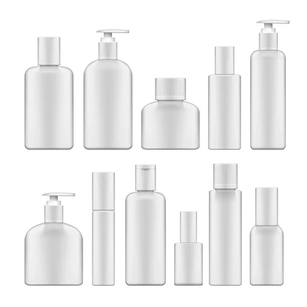 Zestaw prosty puste białe plastikowe butelki kosmetyczne — Wektor stockowy