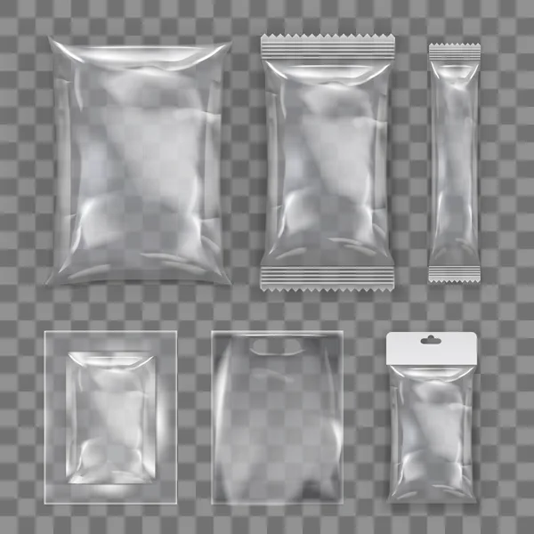Реалистичный прозрачный пустой пластиковый набор шаблонов упаковки продуктов питания — стоковый вектор