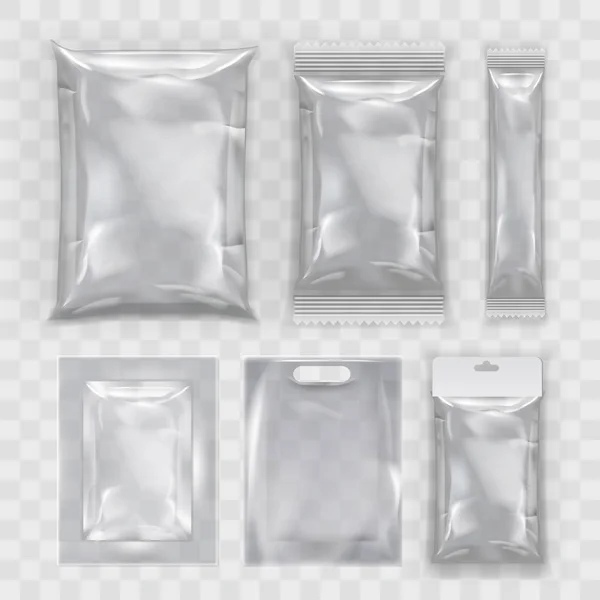 Conjunto de modelo de embalagem de alimentos plástico vazio transparente realista — Vetor de Stock