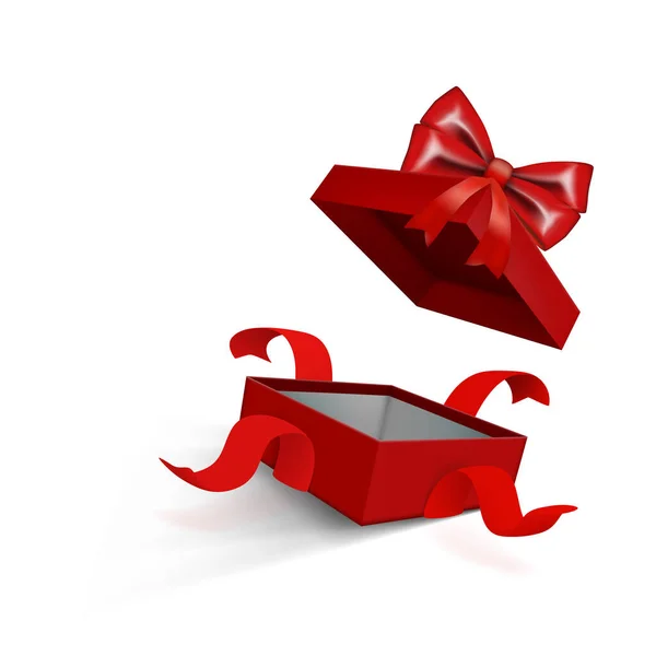 Volar rojo abierto caja de regalo con cinta en blanco — Vector de stock