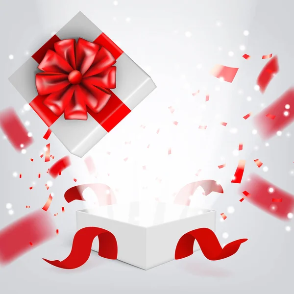 Fly White Open Gift Box With Ribbon On White — Stock vektor