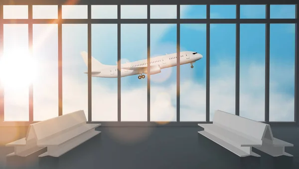 Salón terminal del aeropuerto con el avión en el cielo — Vector de stock