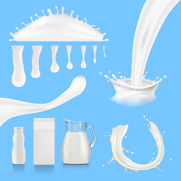 Salpicaduras de leche 3D y conjunto de crema de flujo — Archivo Imágenes Vectoriales