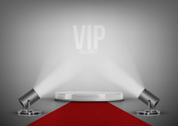 Круглый подиум с красной дорожкой и прожекторами
