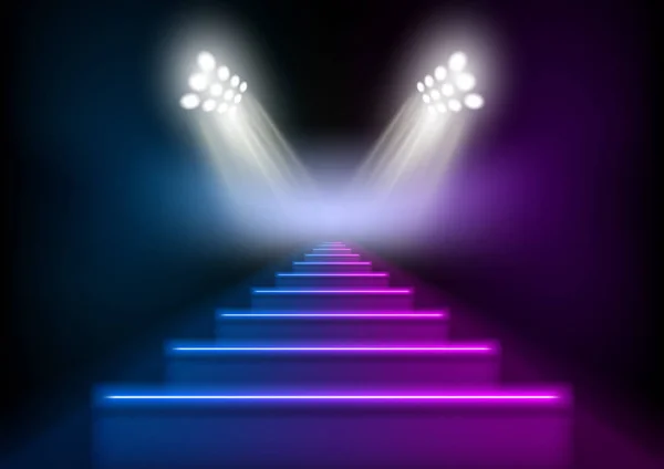 Escaliers au néon lumineux 3D illuminés par des projecteurs — Image vectorielle