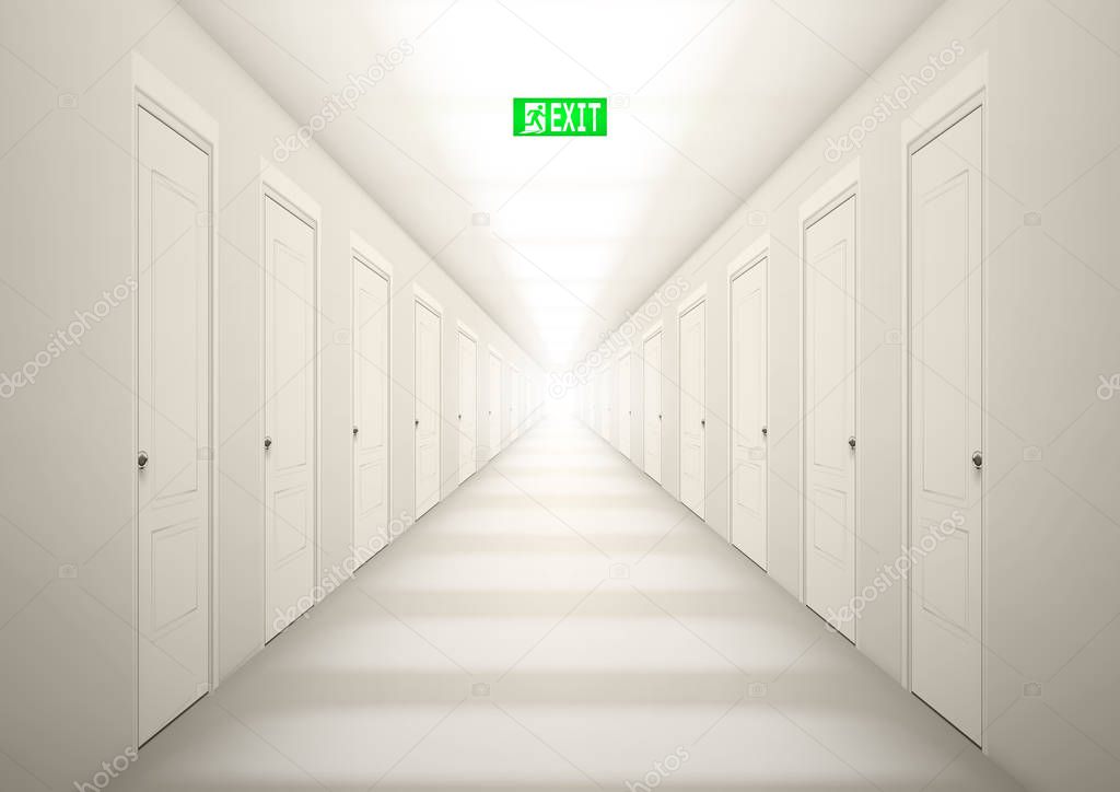 3D Long Light Corridor With Exit Sign