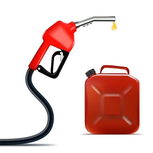 Boquilla de combustible realista con gota de aceite y bidón — Vector de stock