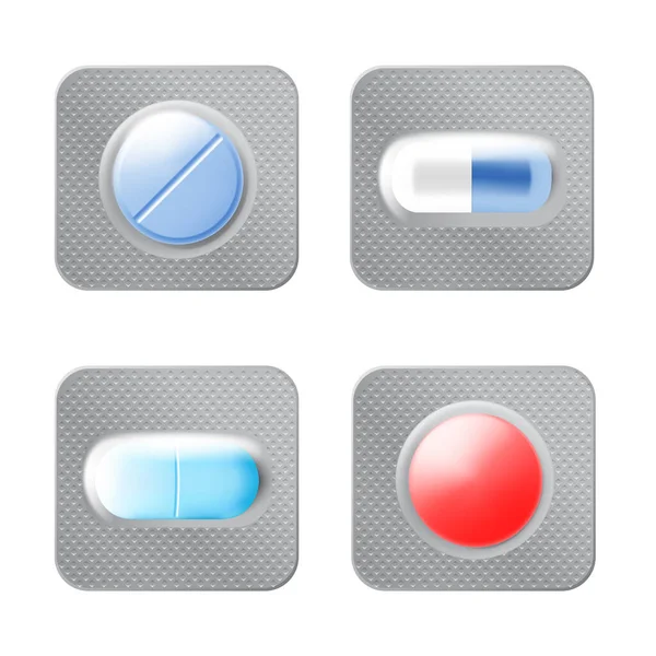 Realistic Set Of Different Pills Blister Pack — Stock Vector