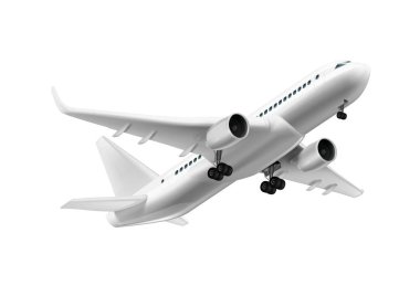 3D Beyaz Parlak Ticari Jet Uçağı Gökyüzünde