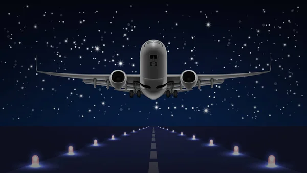 Despegar avión en el cielo nocturno final pista oscura — Vector de stock