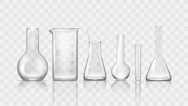 3D laboratorio químico vasos de vidrio y frascos — Vector de stock