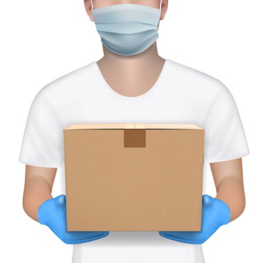 Kurye Eldiven ve Maske İçinde Karton Kutu