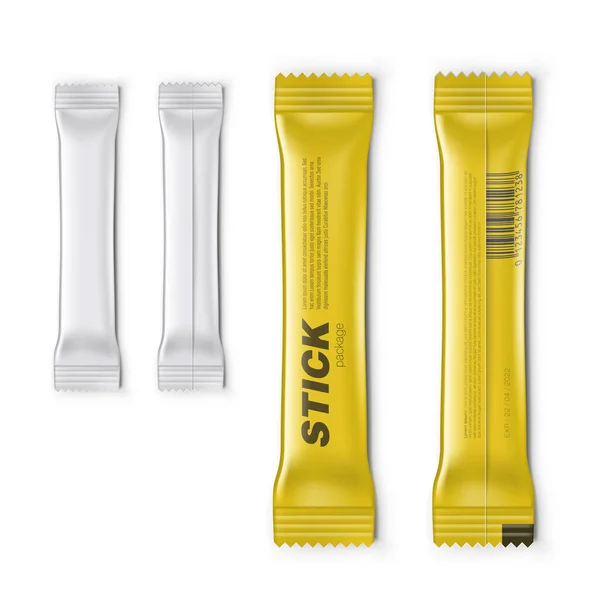 3D Ρεαλιστικό λευκό και χρυσό φακελάκι Stick Συσκευασία — Διανυσματικό Αρχείο
