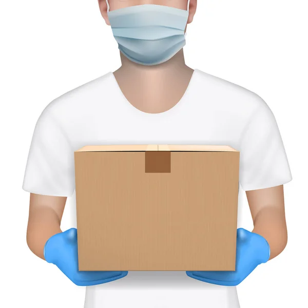 Courier sosteniendo la caja de cartón en guantes y máscara — Vector de stock