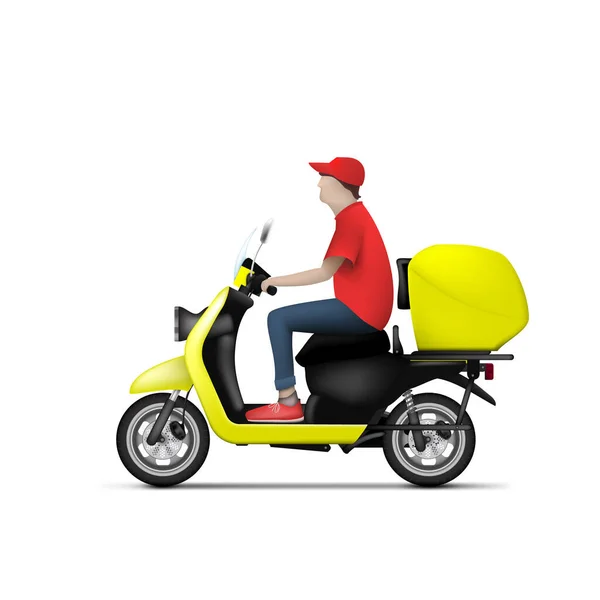 Scooter amarillo de la entrega de la comida vintage con mensajero — Vector de stock