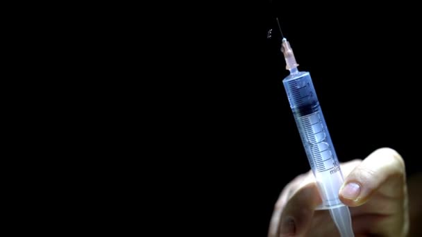 Drug addict a syringe. injection, medications,  Copy Space — Stock Video