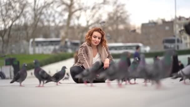 Дівчина сидить на площі і годує голубів — стокове відео