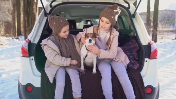 Two sisters sitting in the trunk of a car with dog — Stok video