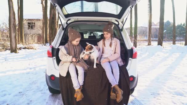 Two sisters sitting in the trunk of a car with dog — Αρχείο Βίντεο