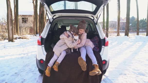 Duas irmãs sentadas na bagageira de um carro com cão — Vídeo de Stock