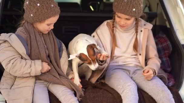 Dos hermanas sentadas en el maletero de un coche con perro — Vídeo de stock