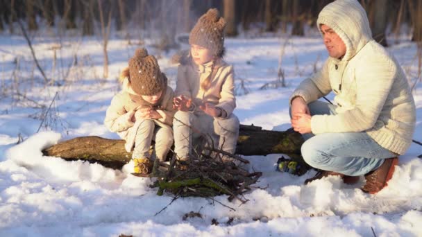 Dad, daughters sitting campfire in winter forest — Stock Video