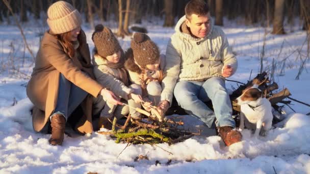 Family roast on the campfire weenies in the winter — 图库视频影像