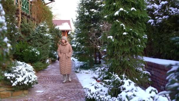 The girl walks along the footpath in winter. — Αρχείο Βίντεο