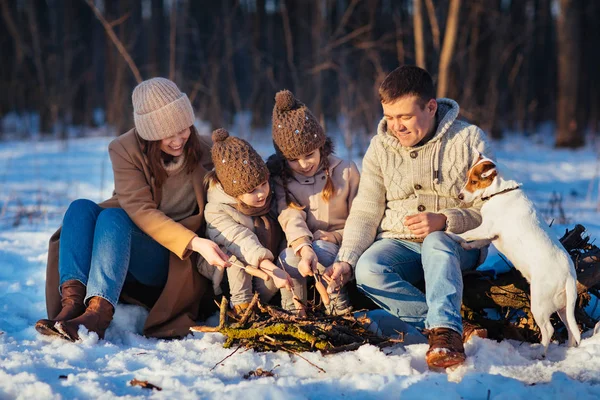 Rodzina Dwójką Dzieci Córkami Psem Siedzącym Przy Ognisku Zimowym Śnieżnym — Zdjęcie stockowe