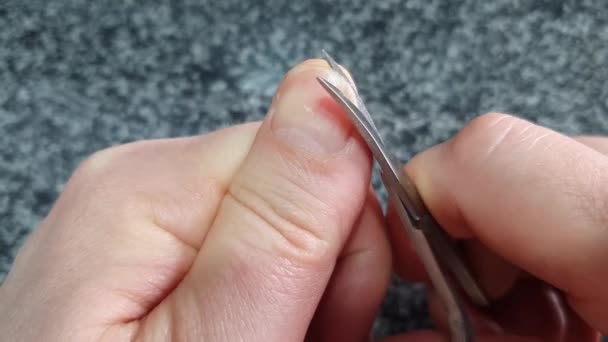 Обрезание ногтей на руке мужчины ножницами — стоковое видео