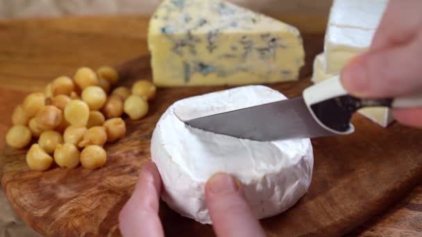 On wooden Board round brie cheese cut with a knife — ストック動画