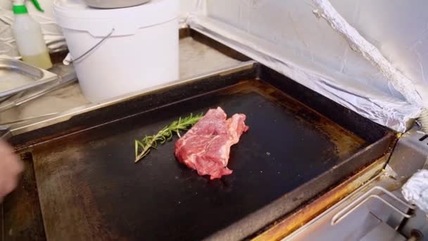 En el plato caliente es un pedazo de carne de res y poner un romero — Vídeos de Stock