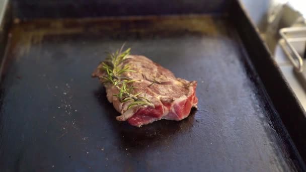 Kitchen. fried piece of meat hot plate, rosemary — Αρχείο Βίντεο