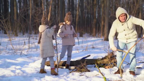 Papa filles et briser des branches pour un feu — Video