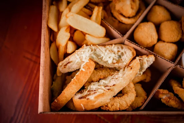 A part box assorted snacks deep-fried beer — Stock Photo, Image