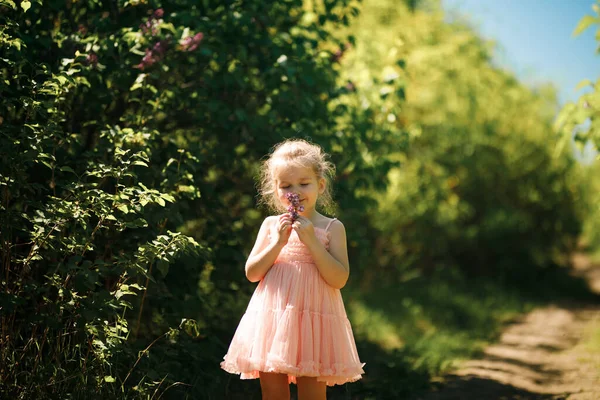 A girl sniffs lilac bushes. blooming gardens — Stockfoto