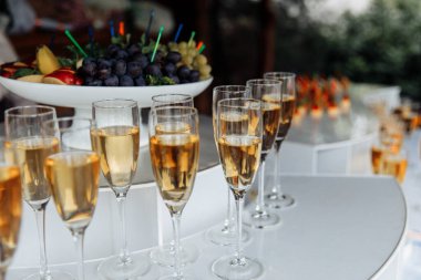 outdoor buffet with glasses of champagne and wine.