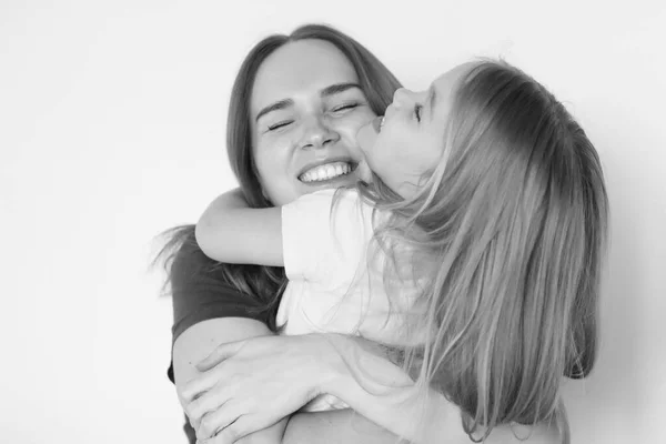 Mother and daughter hug each. black-white. — Stock Photo, Image