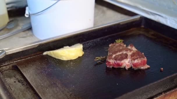 Une fumée monte d'un morceau de viande avec du romarin — Video