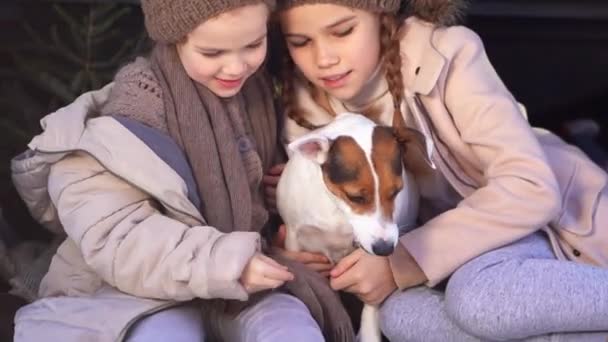 Две сестры сидят в багажнике машины с собакой — стоковое видео