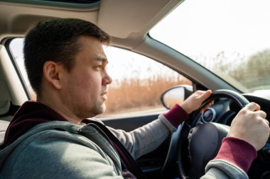 Araba direksiyonundaki gri kazaklı adam. sazlıklar