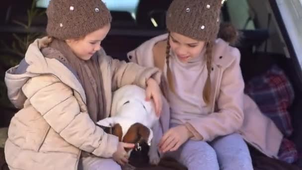 Две сестры сидят в багажнике машины с собакой — стоковое видео