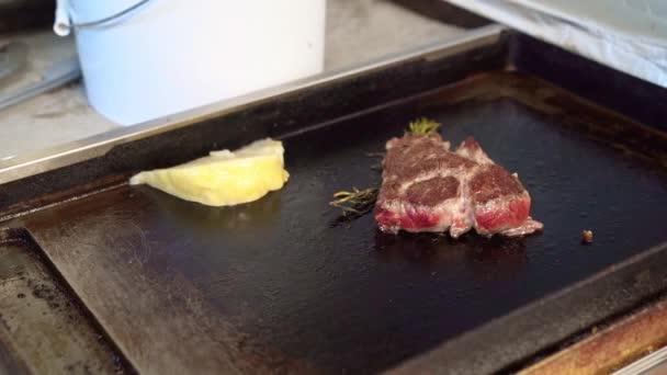 Une fumée monte d'un morceau de viande avec du romarin — Video